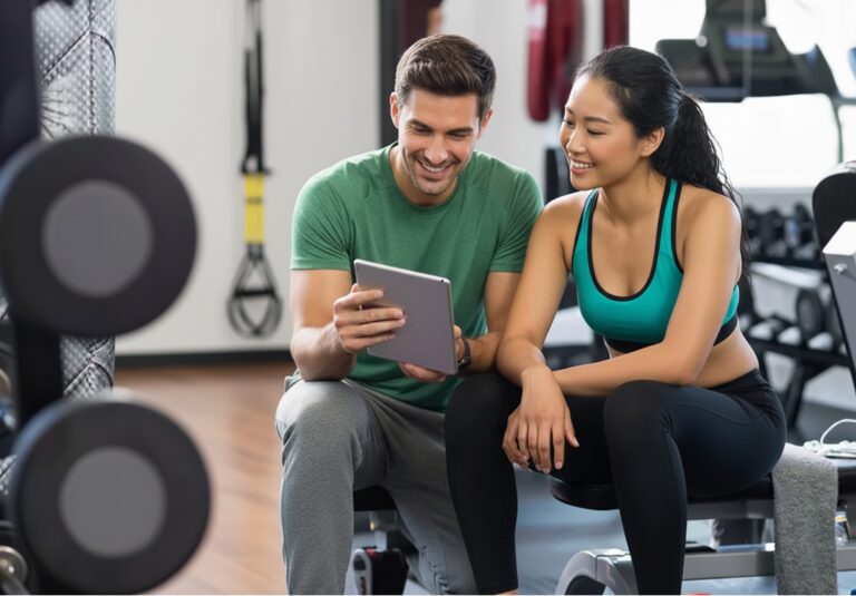 Beginner met onder begeleiding van personal trainer volgens fitnessschema voor beginners