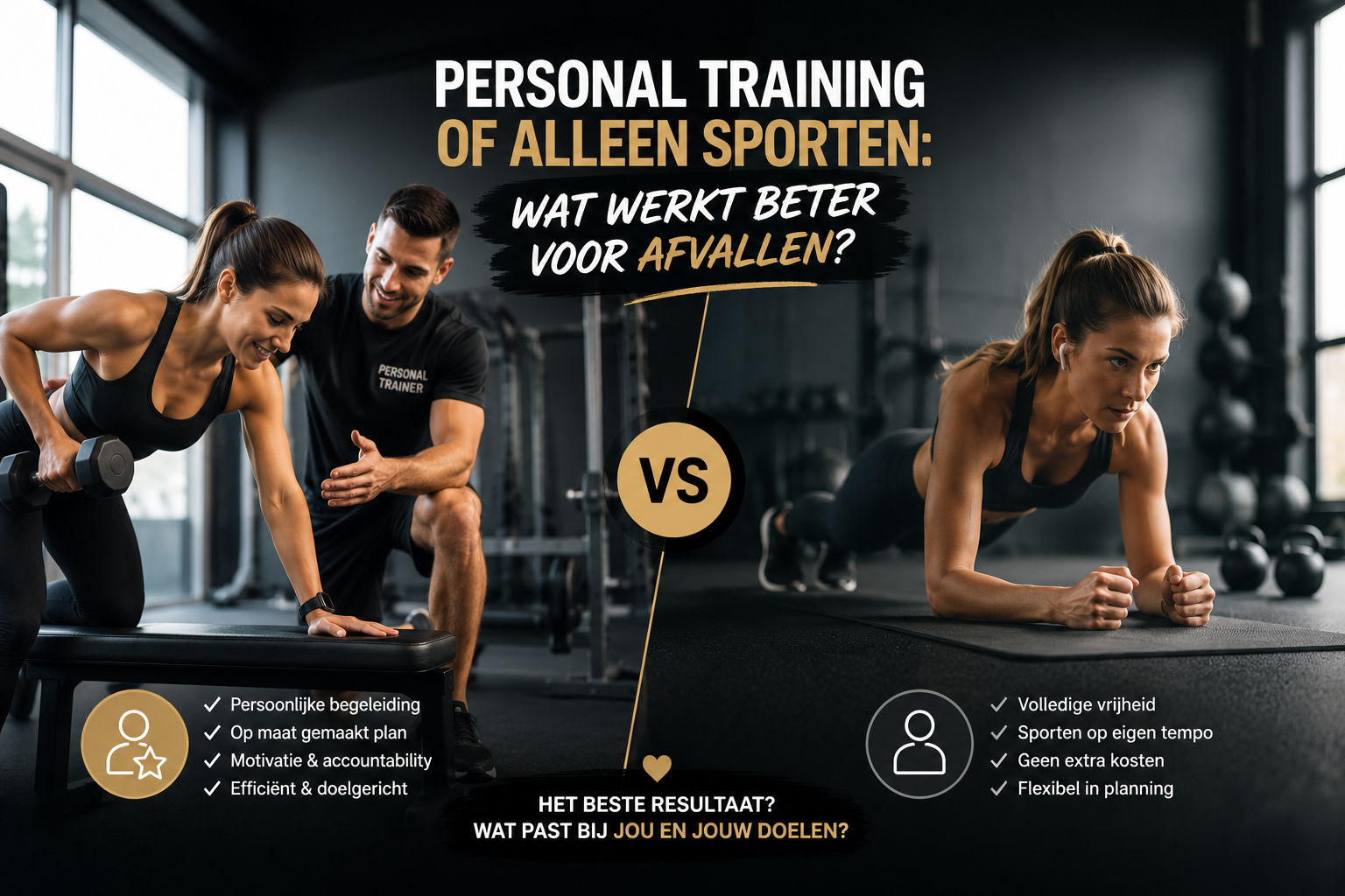 Personal trainer coacht vrouw met halter, naast solo trainende vrouw in plank. Vergelijking personal training vs alleen sporten voor gewichtsverlies